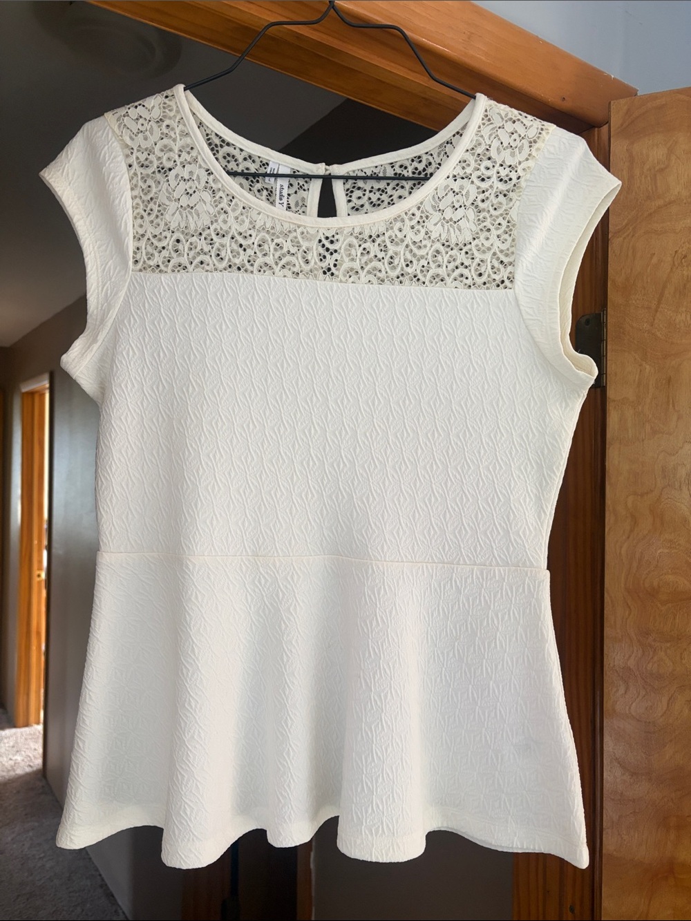 Studio Y White Lace Yoke Peplum Top